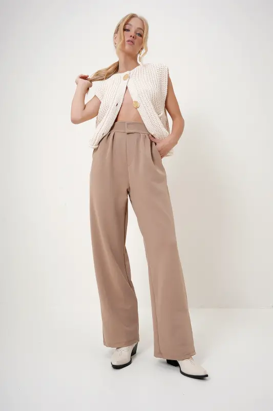 Biscuit Palazzo-Hose mit hoher Taille, doppelten Taschen, plissiert und Klettverschluss ALC-X10753 - Kekse - 4