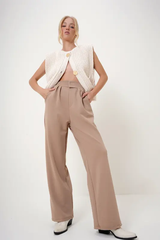 Kadın Bisküvi Yüksek Bel Çift Cepli Pileli Cırt Kapamalı Palazzo Pantolon Alc-X10753-Bisküvi - 1