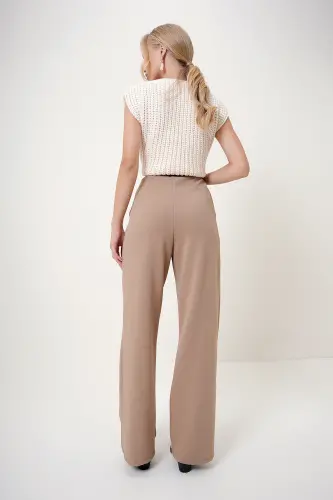 Kadın Bisküvi Yüksek Bel Çift Cepli Pileli Cırt Kapamalı Palazzo Pantolon Alc-X10753-Bisküvi - 5