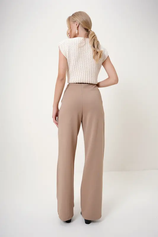 Kadın Bisküvi Yüksek Bel Çift Cepli Pileli Cırt Kapamalı Palazzo Pantolon Alc-X10753-Bisküvi - 5