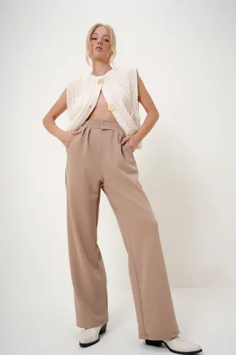 Kadın Bisküvi Yüksek Bel Çift Cepli Pileli Cırt Kapamalı Palazzo Pantolon Alc-X10753-Bisküvi 