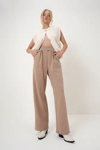 Kadın Bisküvi Yüksek Bel Çift Cepli Pileli Cırt Kapamalı Palazzo Pantolon Alc-X10753-Bisküvi - 3