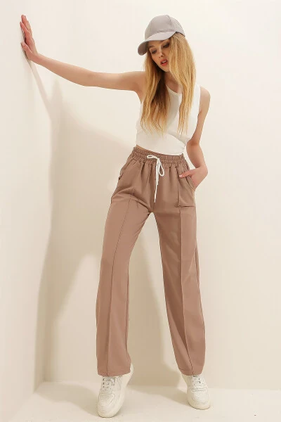 Kadın Bisküvi Yüksek Bel Önü Çimalı Bol Paça Çift Cepli Eşofman Altı ALC-X7957-BİSKÜVİ - TREND ALAÇATI STILI (1)