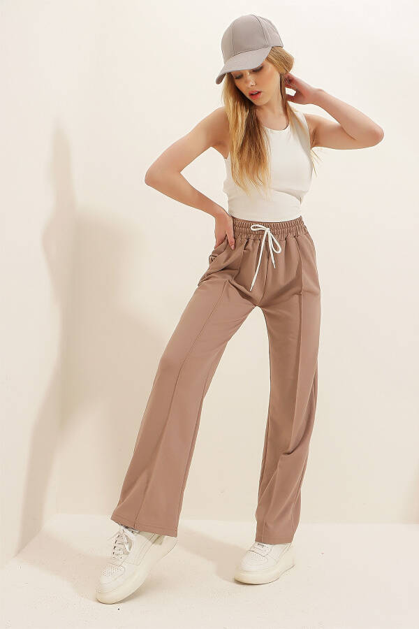 Kadın Bisküvi Yüksek Bel Önü Çimalı Bol Paça Çift Cepli Eşofman Altı Alc-X7957-BİSKÜVİ - 5