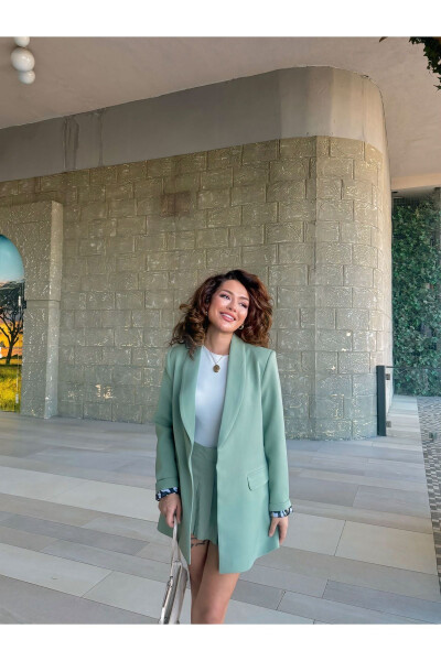 Kadın Blazer Ceket Astarı Leopar Desen Detaylı-YEŞİL - 4