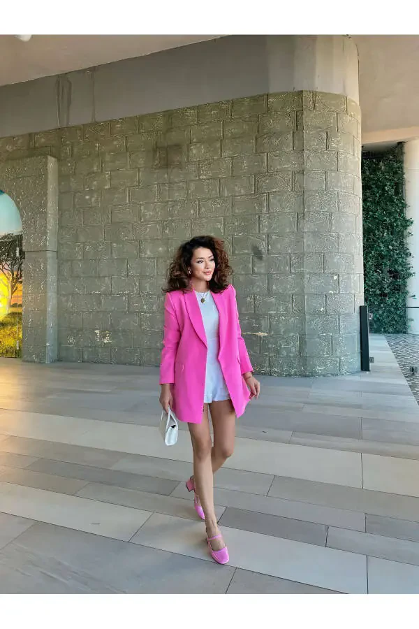 Kadın Blazer Ceket Astarı Leopar Desen Detaylı-PEMBE - 2