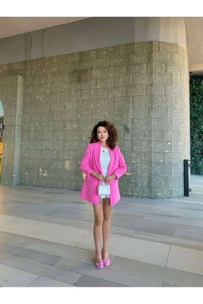 Kadın Blazer Ceket Astarı Leopar Desen Detaylı-PEMBE - 5