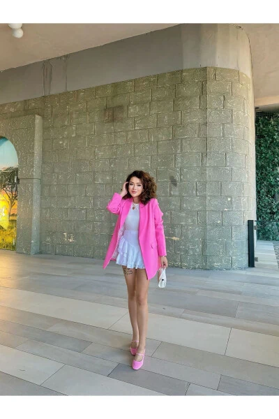 Kadın Blazer Ceket Astarı Leopar Desen Detaylı-PEMBE - 6