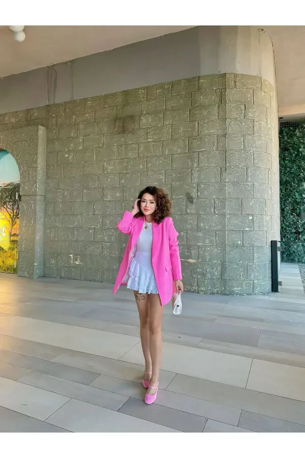 Kadın Blazer Ceket Astarı Leopar Desen Detaylı-PEMBE - 6