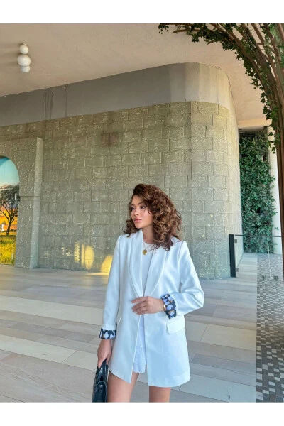 Kadın Blazer Ceket Astarı Leopar Desen Detaylı-BEYAZ - HK Style