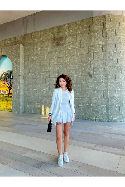 Kadın Blazer Ceket Astarı Leopar Desen Detaylı-BEYAZ - HK Style (1)