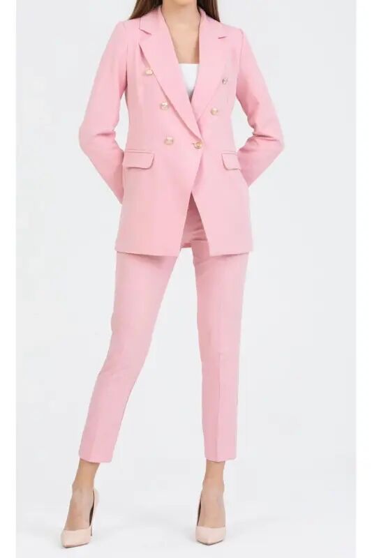 Kadın Blazer Ceket Kemerli Pantolon Takım Açık Pembe - AçıkPembe - pembekurdelem