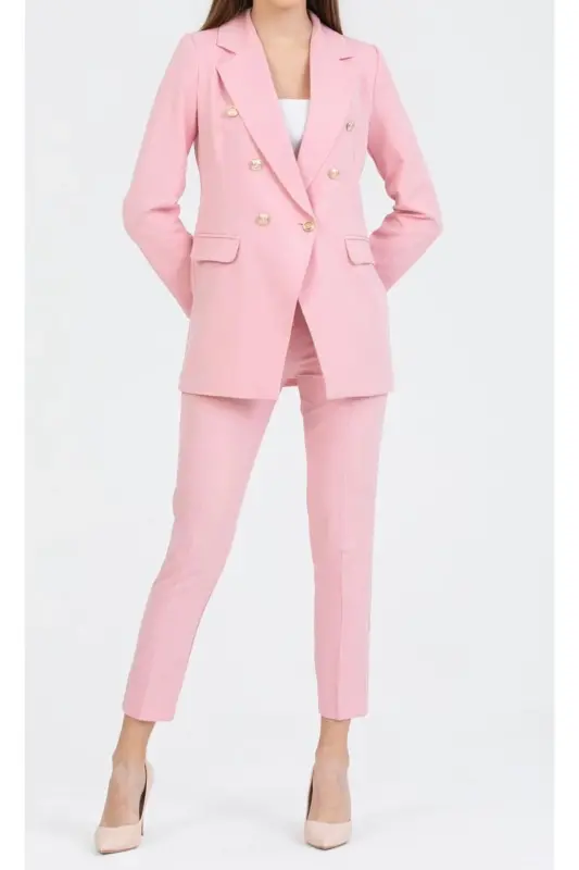 Kadın Blazer Ceket Kemerli Pantolon Takım Açık Pembe - AçıkPembe - 1