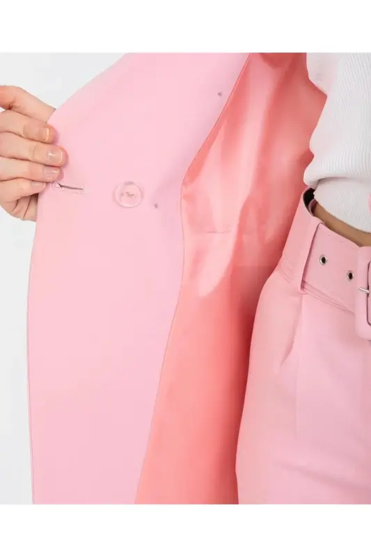 Kadın Blazer Ceket Kemerli Pantolon Takım Açık Pembe - AçıkPembe - 3