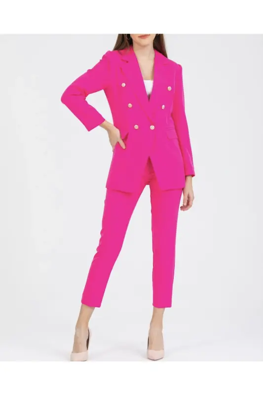 Kadın Blazer Ceket Kemerli Pantolon Takım Fuşya - Fuşya - 9