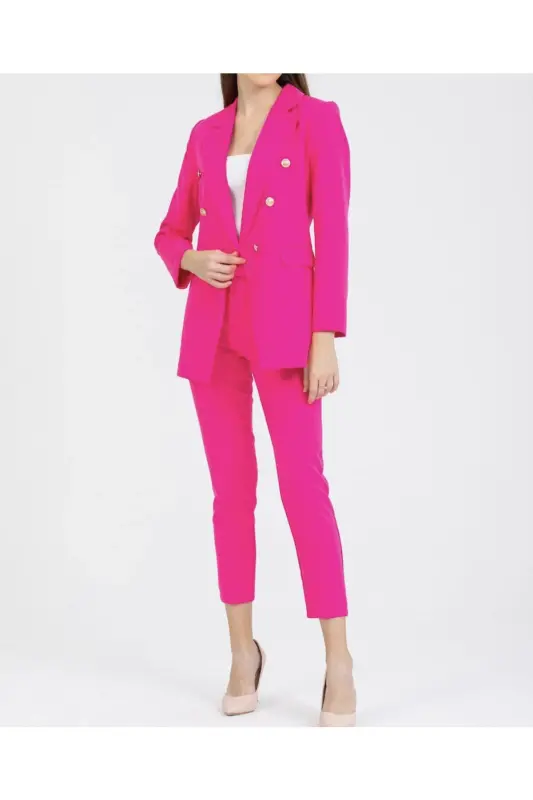 Kadın Blazer Ceket Kemerli Pantolon Takım Fuşya - Fuşya - 14