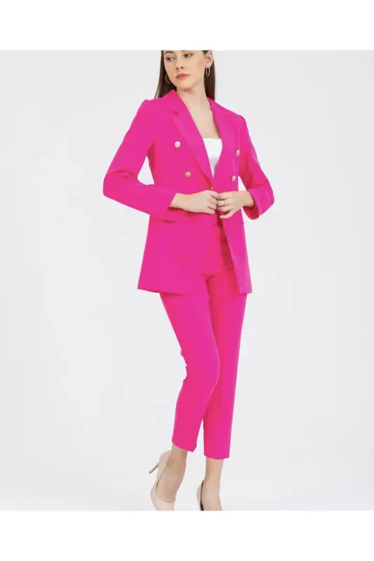 Kadın Blazer Ceket Kemerli Pantolon Takım Fuşya - Fuşya - 15