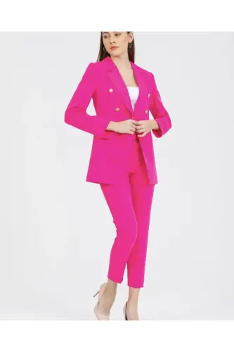 Kadın Blazer Ceket Kemerli Pantolon Takım Fuşya - Fuşya - 7