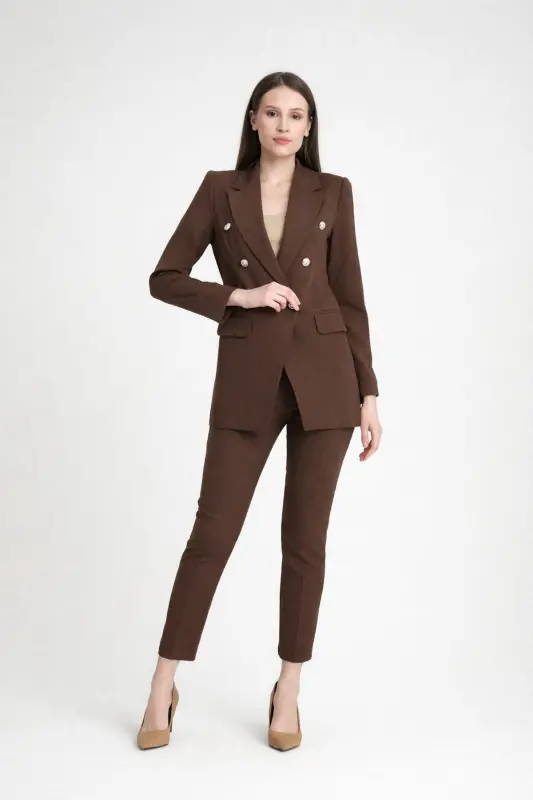 Kadın Blazer Ceket Kemerli Pantolon Takım Kahverengi - Kahverengi - PEMBEKURDELEM