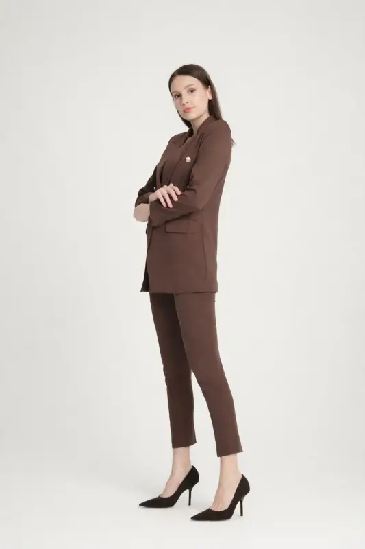 Kadın Blazer Ceket Kemerli Pantolon Takım Kahverengi-Kahverengi - 2