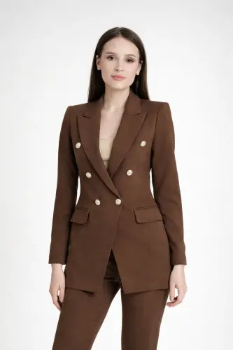 Kadın Blazer Ceket Kemerli Pantolon Takım Kahverengi-Kahverengi - 3