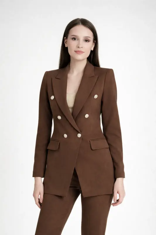 Kadın Blazer Ceket Kemerli Pantolon Takım Kahverengi-Kahverengi - 3