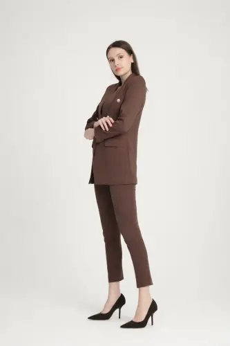 Kadın Blazer Ceket Kemerli Pantolon Takım Kahverengi-Kahverengi - PEMBEKURDELEM (1)