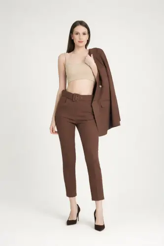 Kadın Blazer Ceket Kemerli Pantolon Takım Kahverengi-Kahverengi - 5