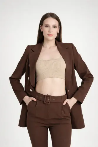 Kadın Blazer Ceket Kemerli Pantolon Takım Kahverengi - Kahverengi - 4