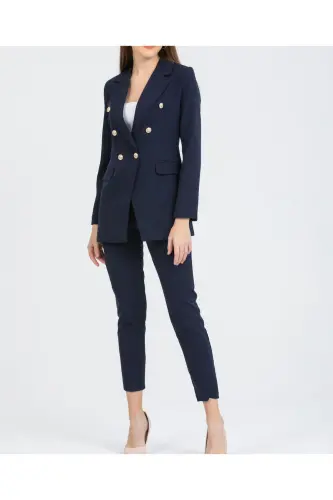 Kadın Blazer Ceket Kemerli Pantolon Takım Lacivert-Lacivert - 2