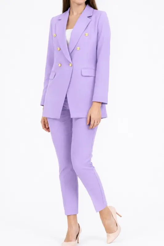 Kadın Blazer Ceket Kemerli Pantolon Takım Lila - Lila - PEMBEKURDELEM