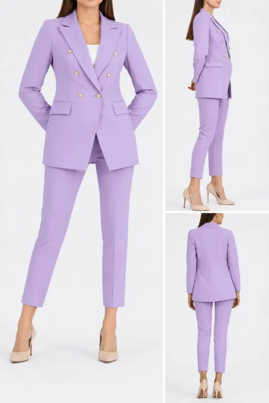 Kadın Blazer Ceket Kemerli Pantolon Takım Lila - Lila - 3