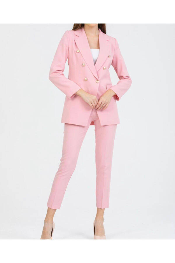 Kadın Blazer Ceket Kemerli Pantolon Takım Pembe - 2