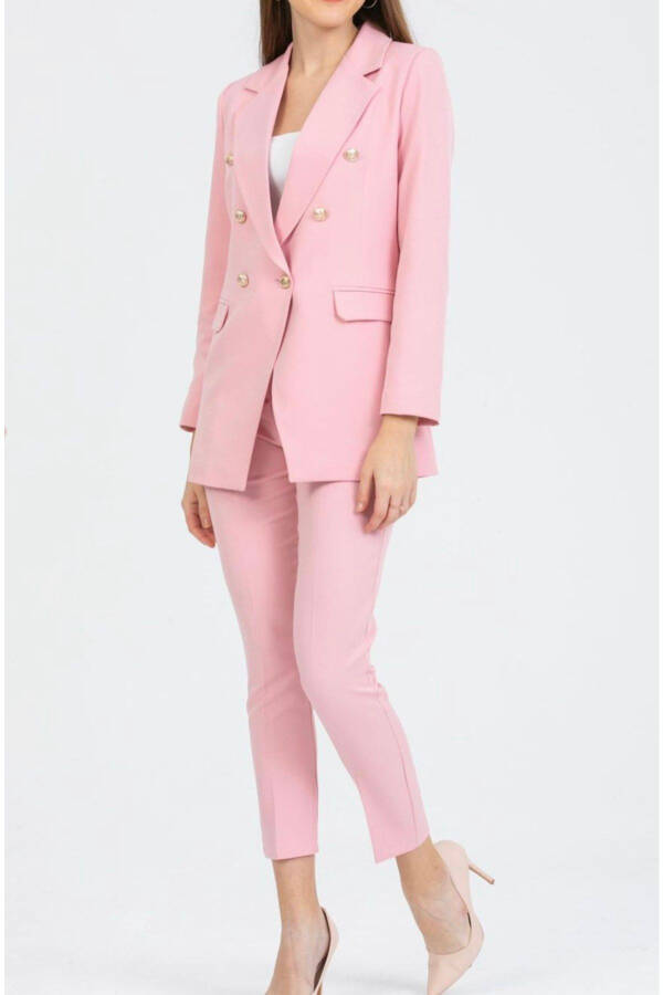 Kadın Blazer Ceket Kemerli Pantolon Takım Pembe - 3