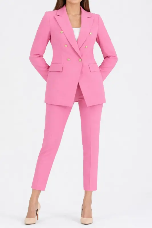 Kadın Blazer Ceket Kemerli Pantolon Takım Pembe-Pembe - 1