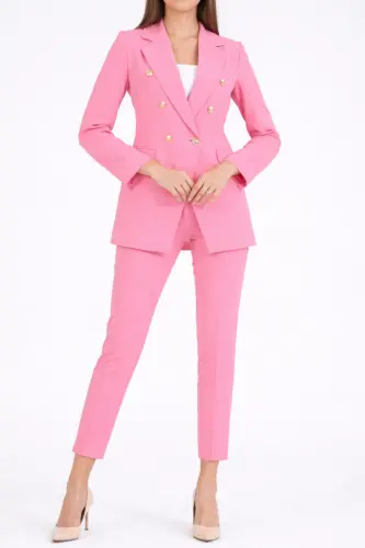 Kadın Blazer Ceket Kemerli Pantolon Takım Pembe-Pembe - 3