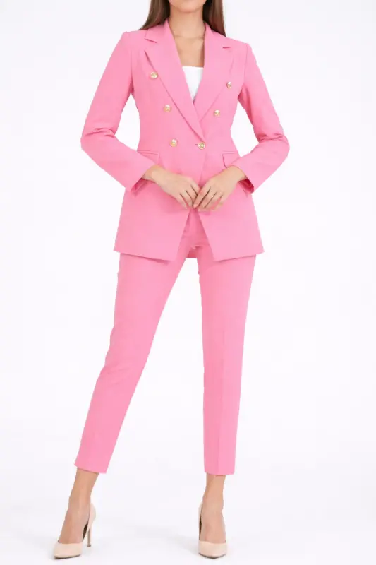 Kadın Blazer Ceket Kemerli Pantolon Takım Pembe-Pembe - 3