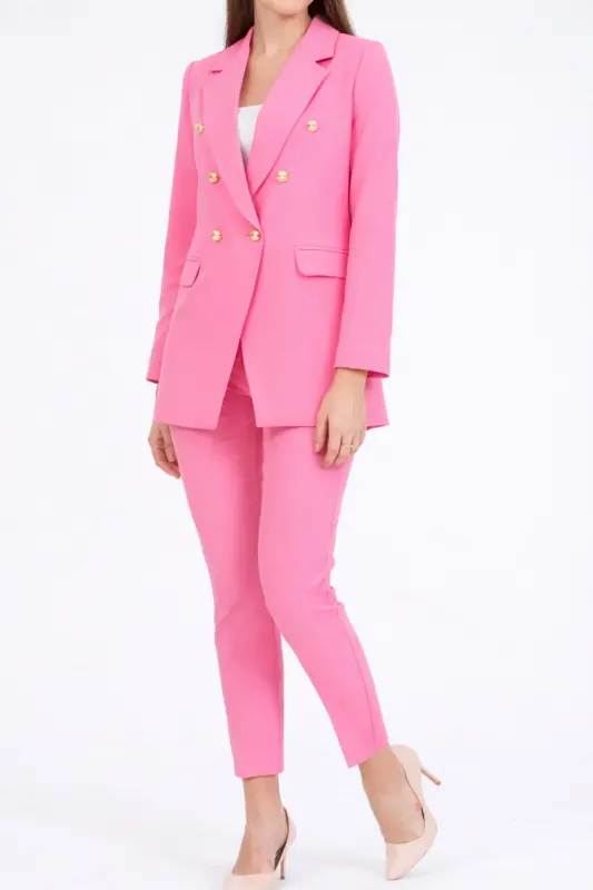 Kadın Blazer Ceket Kemerli Pantolon Takım Pembe-Pembe - 4