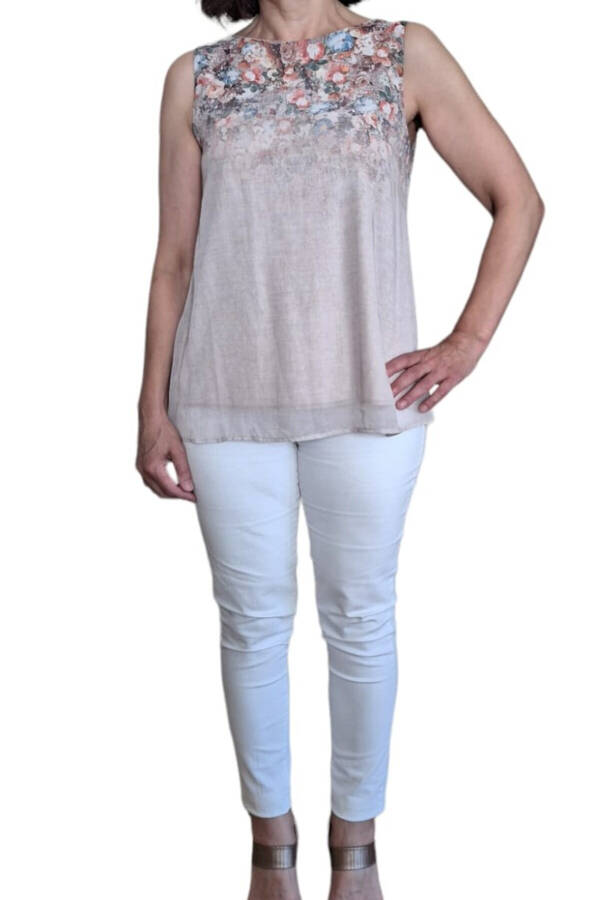 Kadın Bluz Desenli Kolsuz-Vizon - 2