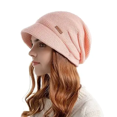 Women Slouchy Knit Hat Winter Warm Fleece Lined Beanie Hat Stretchy Skull Cap with Visor Brim - 1