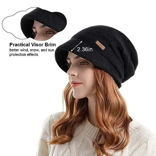 Women Slouchy Knit Hat Winter Warm Fleece Lined Beanie Hat Stretchy Skull Cap with Visor Brim - 4