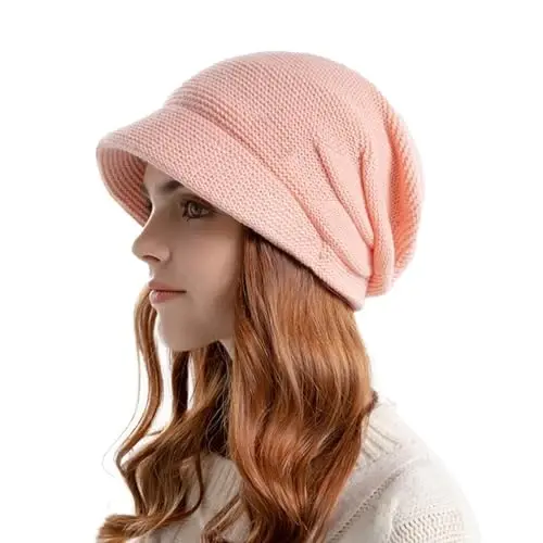 Women Slouchy Knit Hat Winter Warm Fleece Lined Beanie Hat Stretchy Skull Cap with Visor Brim 