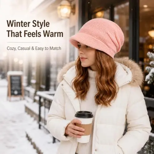 Women Slouchy Knit Hat Winter Warm Fleece Lined Beanie Hat Stretchy Skull Cap with Visor Brim - 2