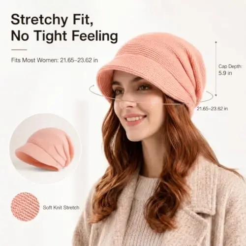 Women Slouchy Knit Hat Winter Warm Fleece Lined Beanie Hat Stretchy Skull Cap with Visor Brim - 4