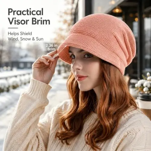 Women Slouchy Knit Hat Winter Warm Fleece Lined Beanie Hat Stretchy Skull Cap with Visor Brim - 5