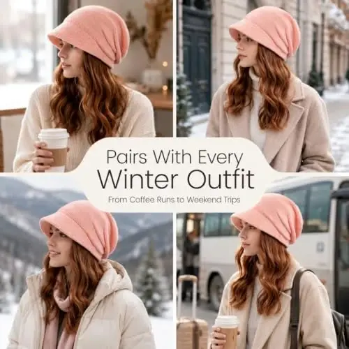 Women Slouchy Knit Hat Winter Warm Fleece Lined Beanie Hat Stretchy Skull Cap with Visor Brim - 6