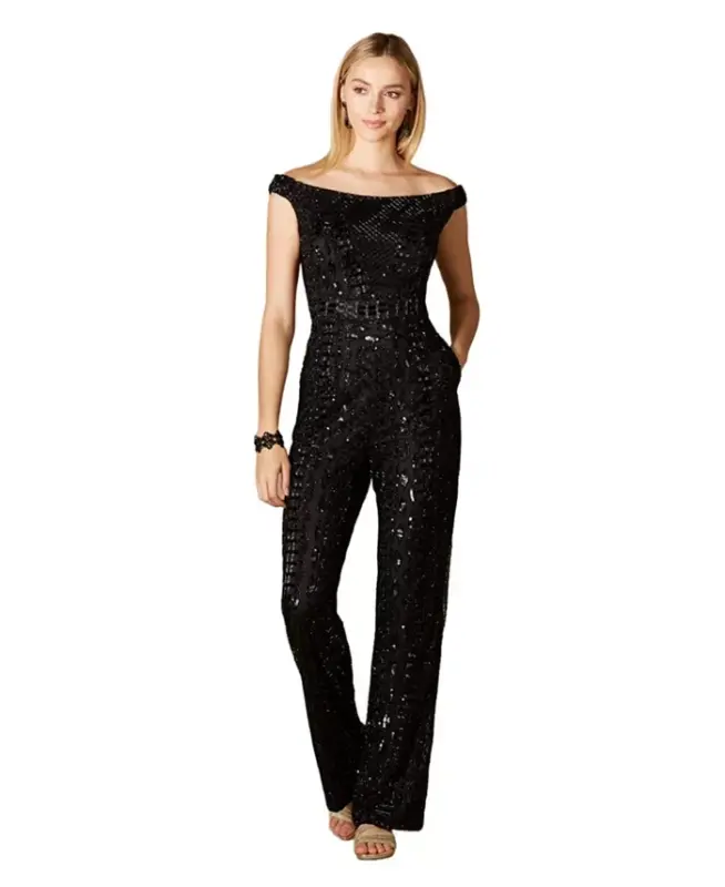 Women's Beaded Off Shoulder Jumpsuit - Black - LARA
