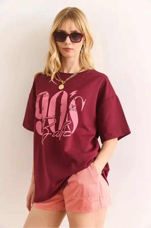 Kadın Bordo 90'S Baskılı 2 İp Relaxed Fit Tişört TSH-19000901 - 2