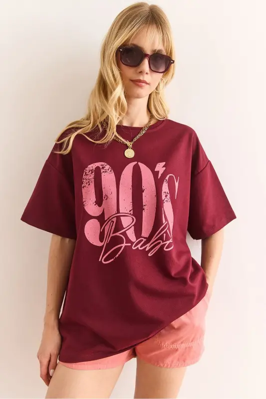 Kadın Bordo 90'S Baskılı 2 İp Relaxed Fit Tişört TSH-19000901 - 3