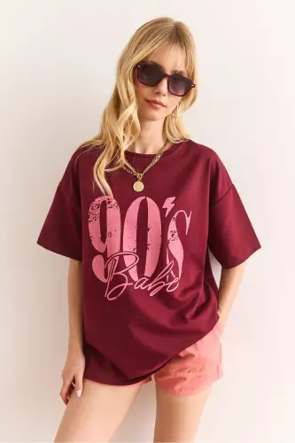 Kadın Bordo 90'S Baskılı 2 İp Relaxed Fit Tişört TSH-19000901 - 4